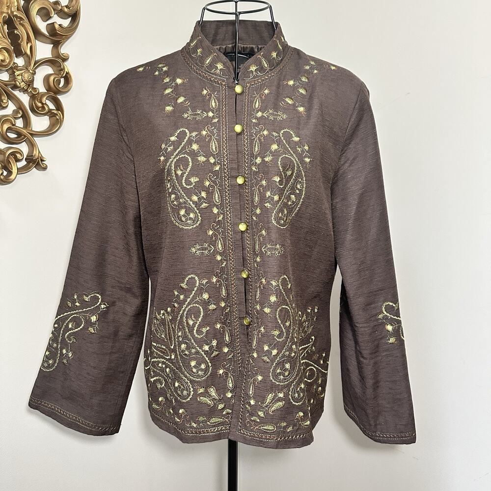 Silk Land Silk Pearl Button Jacket Women Size LG Brown with Green Embroidery